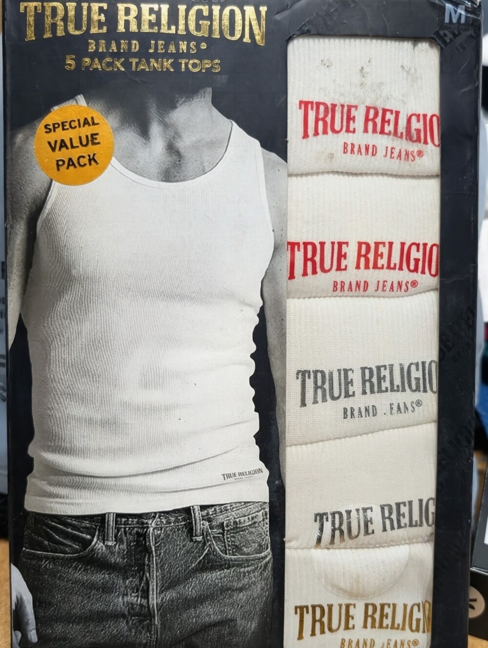 True Religion White Ribbed Men’s Tank Top 5-Pack with Logo